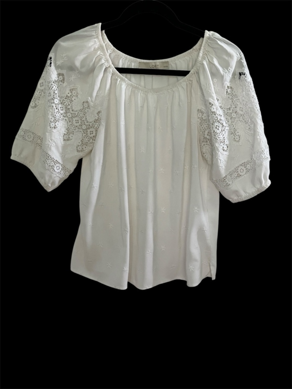 LOFT White Embroidered Lace-Sleeve Peasant Blouse